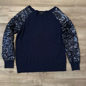 Halogen Women's Navy Crewneck Sweater with Sequined Sleeves Size M